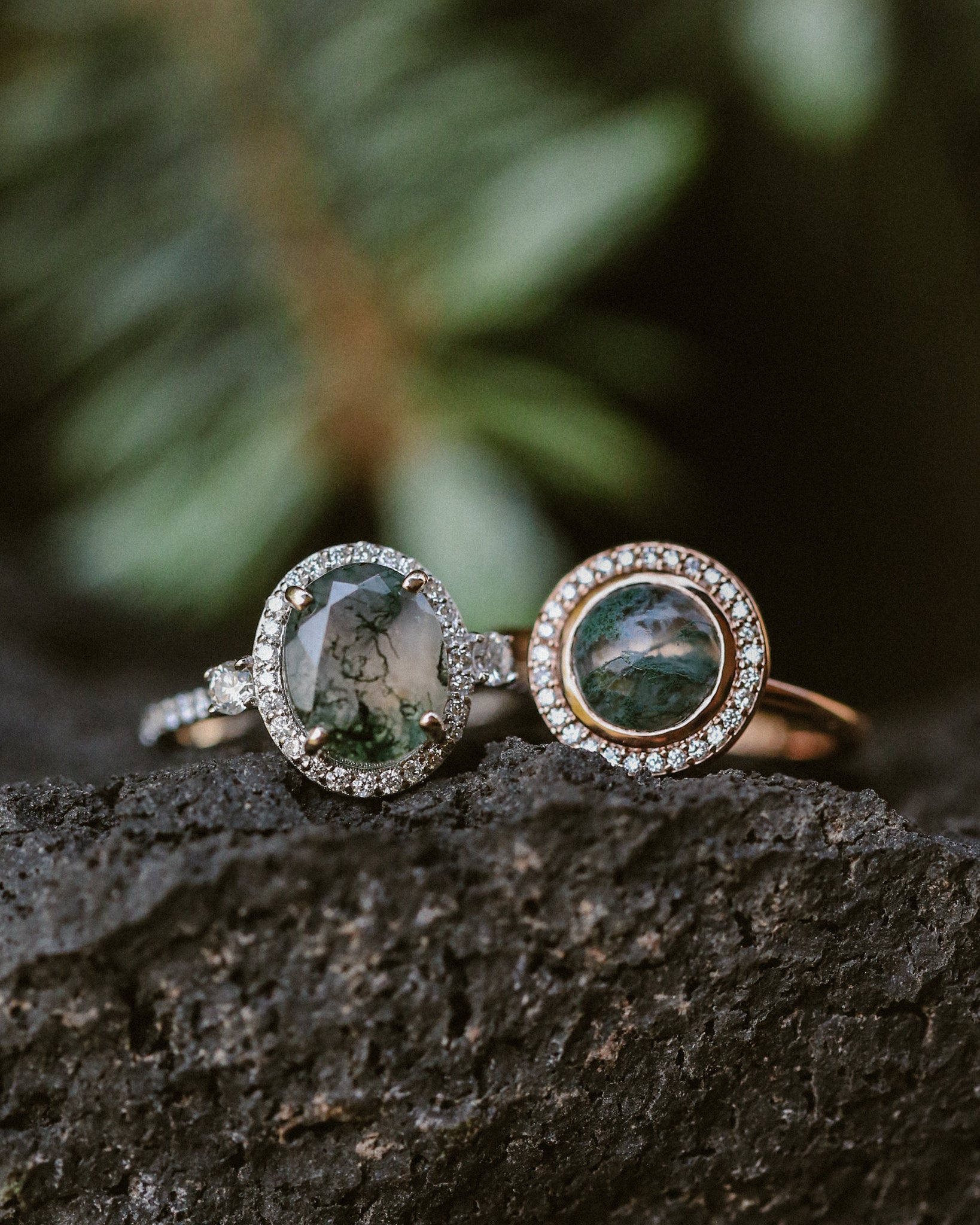 "TERRA" - ROUND CUT MOSS AGATE ENGAGEMENT RING WITH DIAMOND HALO-20