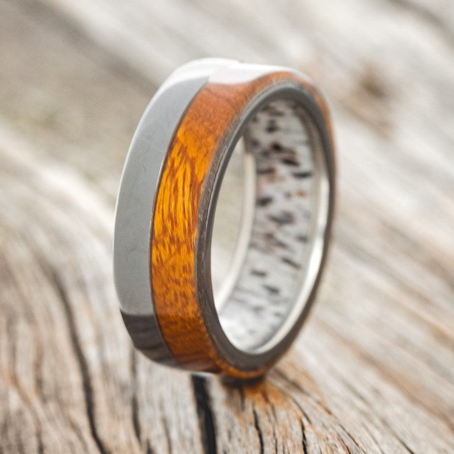 "LEDGER" - IRONWOOD WEDDING RING FEATURING AN ANTLER LINED BLACK ZIRCONIUM BAND-1