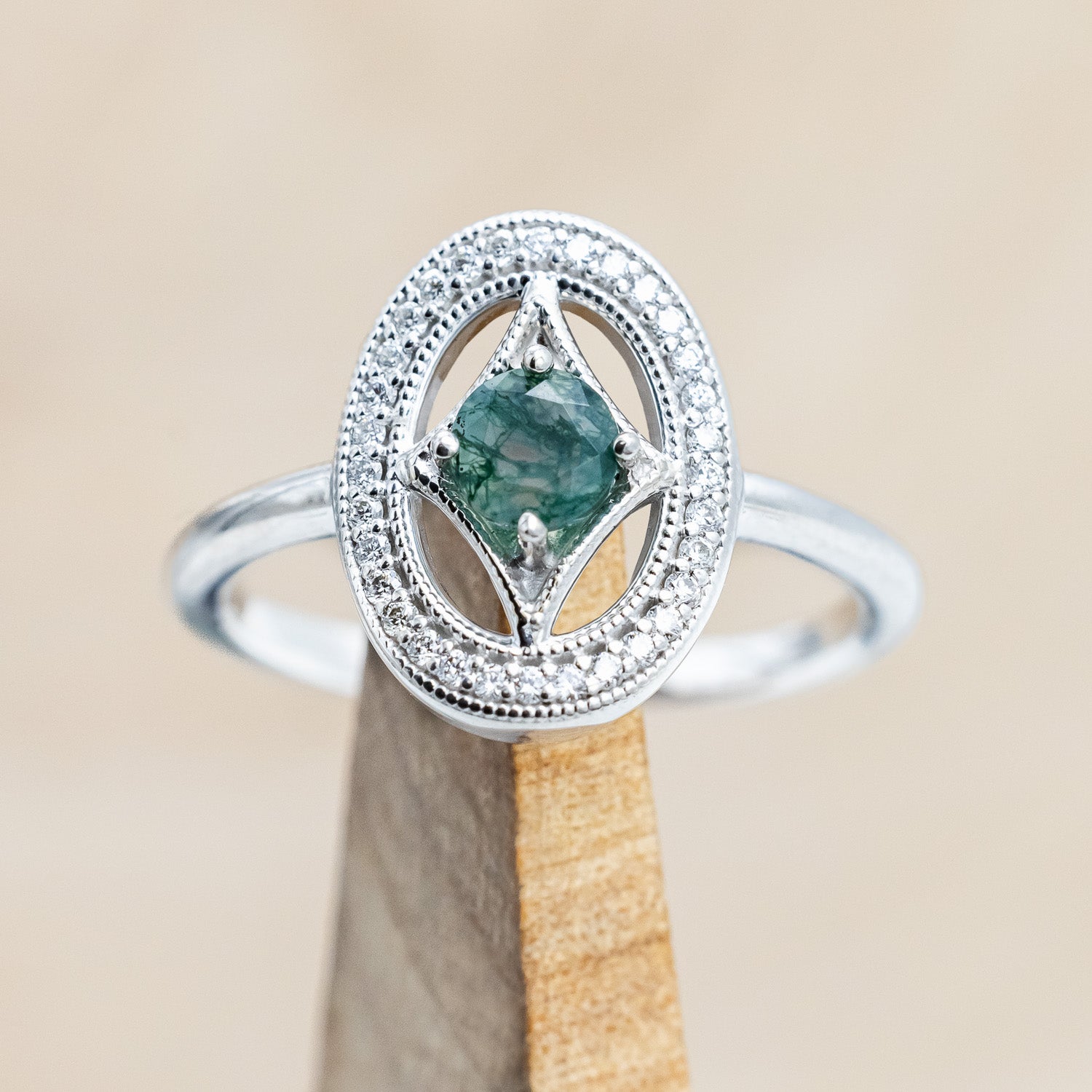"LEVINA" - ROUND CUT MOSS AGATE ENGAGEMENT RING WITH DIAMOND HALO-Staghead Designs