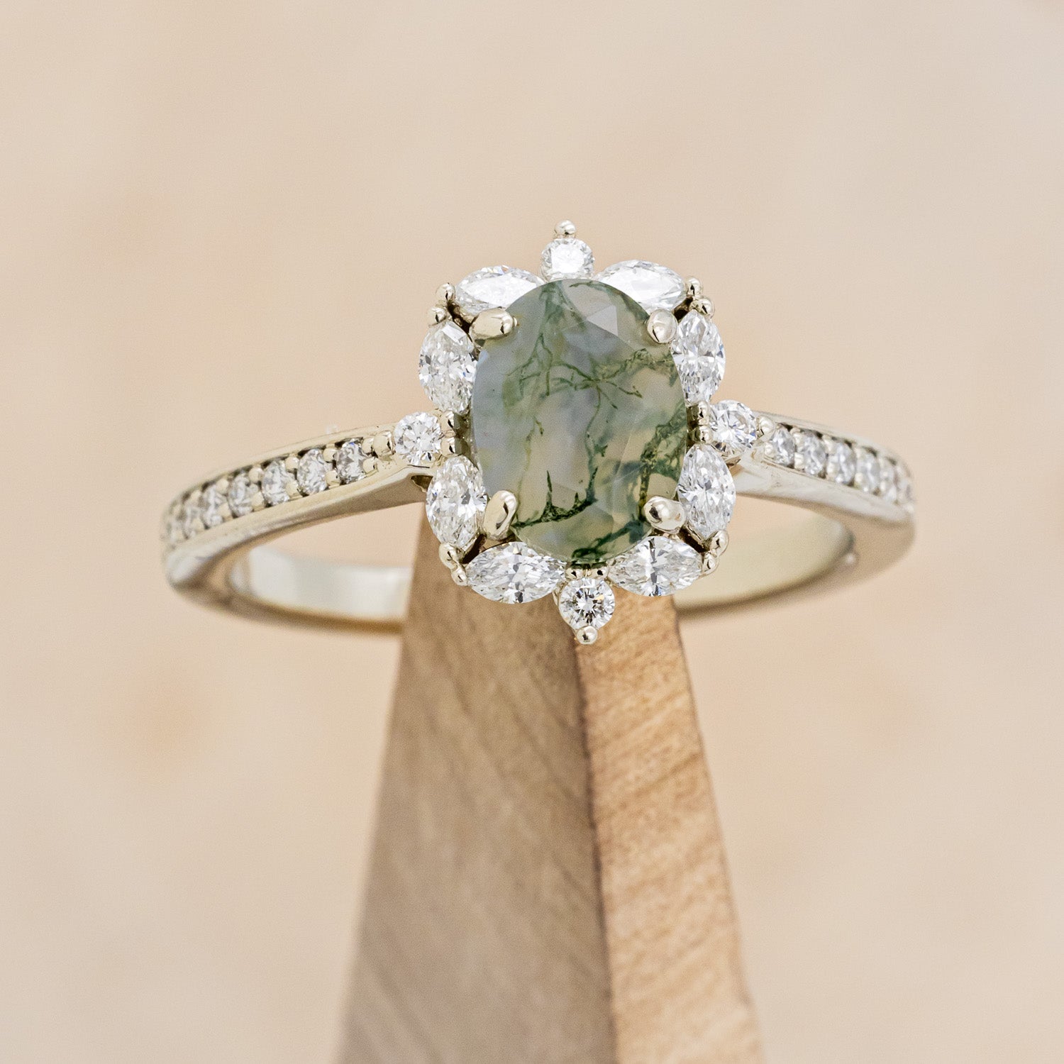 "ALICE" - OVAL MOSS AGATE ENGAGEMENT RING WITH DIAMOND HALO & ACCENTS-1