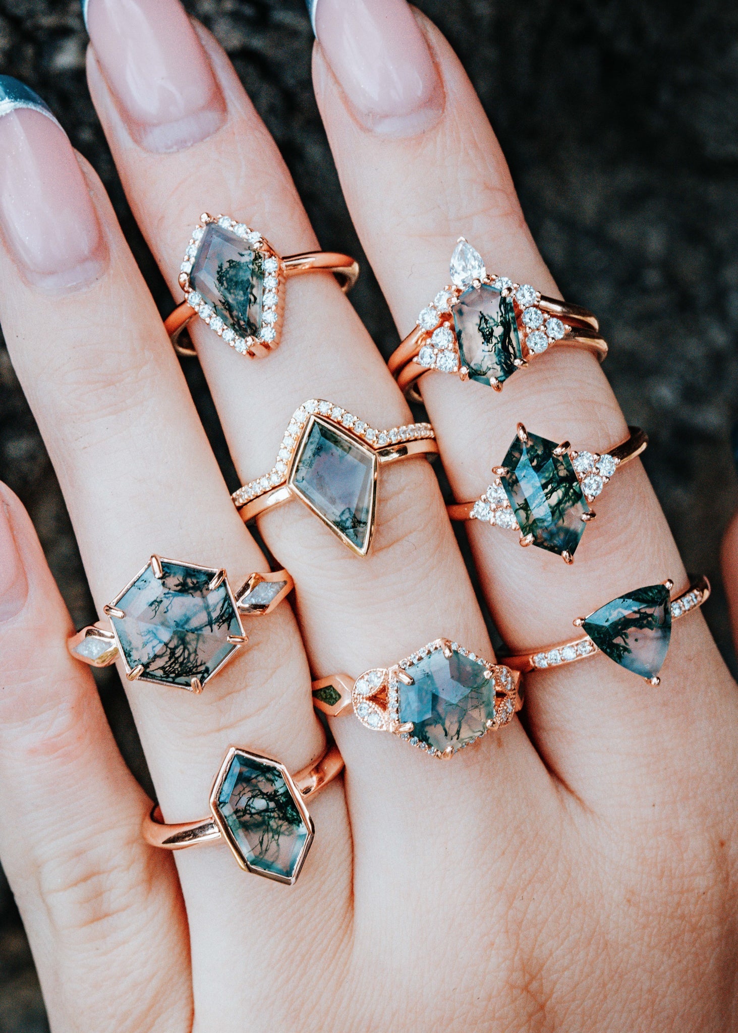 "LUCY IN THE SKY" - HEXAGON MOSS AGATE ENGAGEMENT RING WITH DIAMOND HALO, MOSS INLAYS & DIAMOND TRACER-28