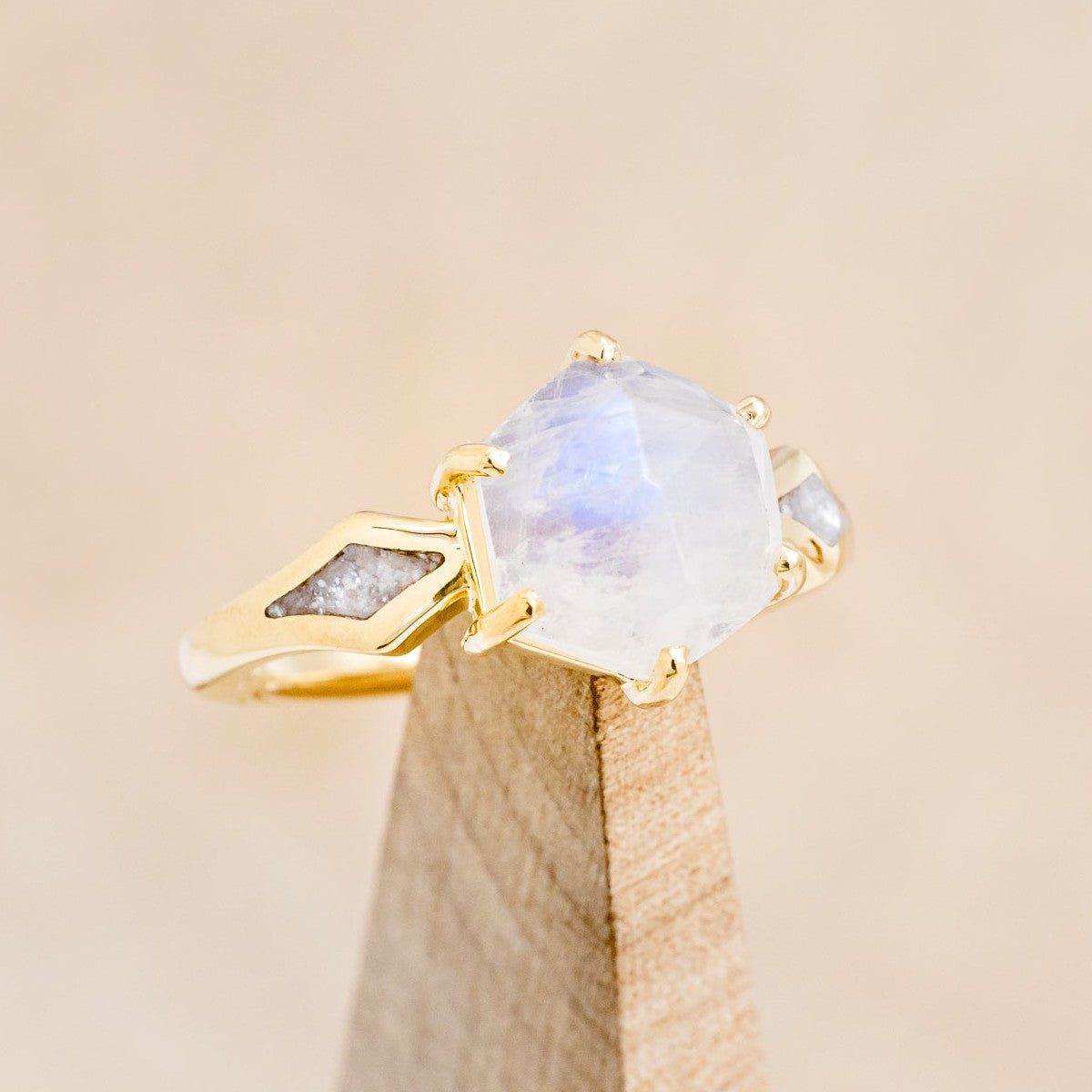 "LOVE STORY" - HEXAGON MOONSTONE ENGAGEMENT RING WITH DIAMOND DUST INLAYS-1