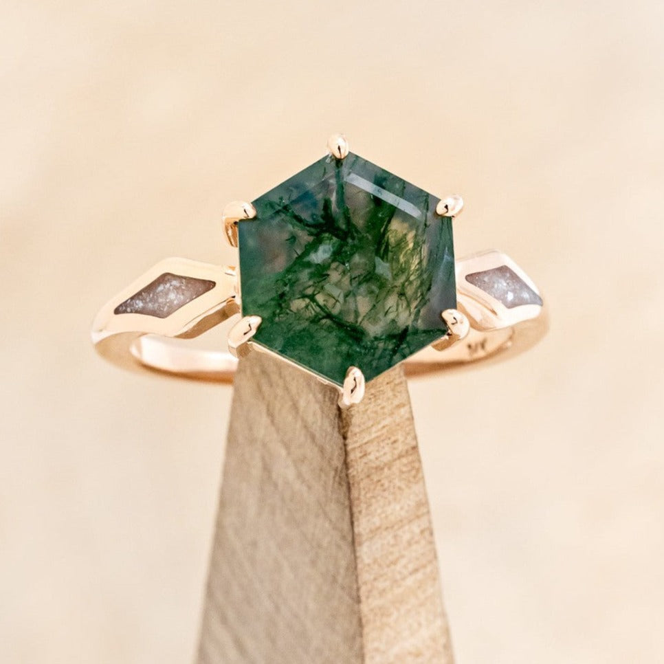 "LOVE STORY" - HEXAGON MOSS AGATE ENGAGEMENT RING WITH DIAMOND DUST INLAYS-1