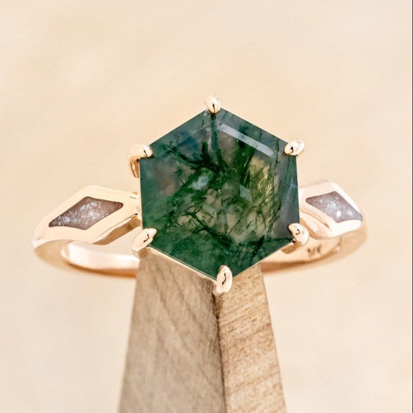 "LOVE STORY" - HEXAGON MOSS AGATE ENGAGEMENT RING WITH DIAMOND DUST INLAYS-1