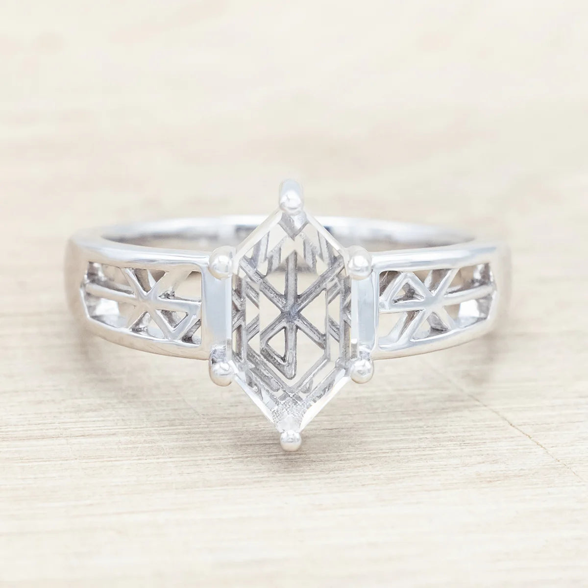 "Freya" - Love Bind Rune Engagement Ring With Elongated Hexagon Portrait Cut White Quartz - 14K White Gold - Size 7