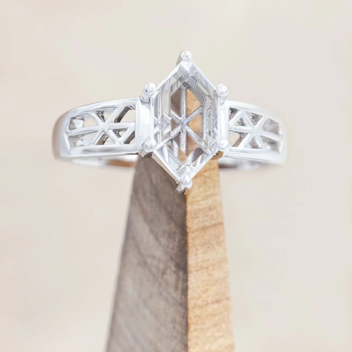 "Freya" - Love Bind Rune Engagement Ring With Elongated Hexagon Portrait Cut White Quartz - 14K White Gold - Size 7