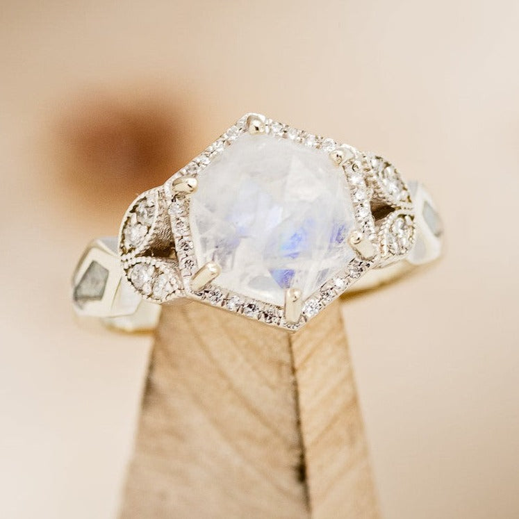 "LUCY IN THE SKY" - FACETED HEXAGON MOONSTONE ENGAGEMENT RING WITH DIAMOND HALO & FIRE AND ICE OPAL INLAYS-1