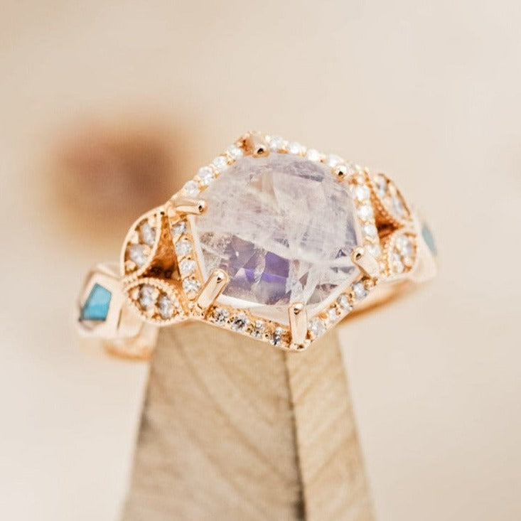 "LUCY IN THE SKY" - FACETED HEXAGON MOONSTONE ENGAGEMENT RING WITH DIAMOND HALO & TURQUOISE INLAYS-1