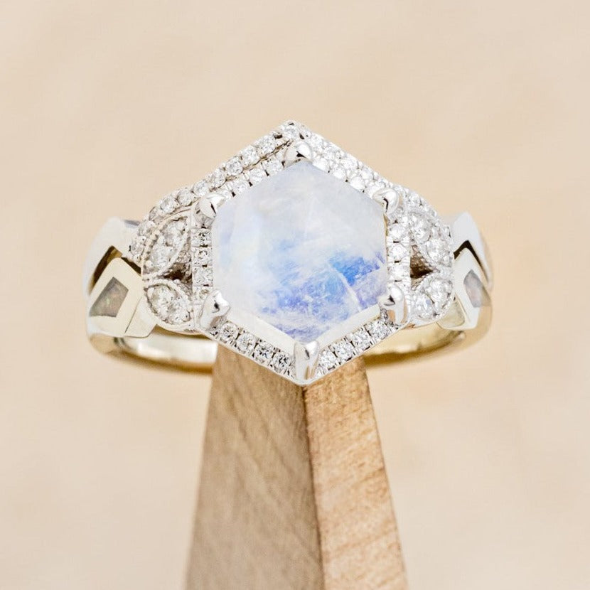 "LUCY IN THE SKY" - FACETED HEXAGON MOONSTONE WEDDING BAND SET WITH DIAMOND HALO & TRACER-1