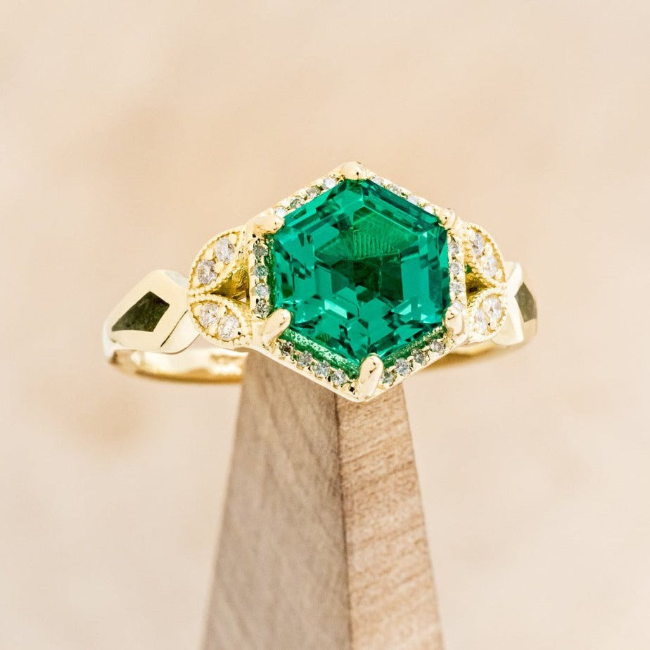 "LUCY IN THE SKY" - HEXAGON LAB GROWN EMERALD ENGAGEMENT RING WITH DIAMOND HALO & MOSS INLAYS-1