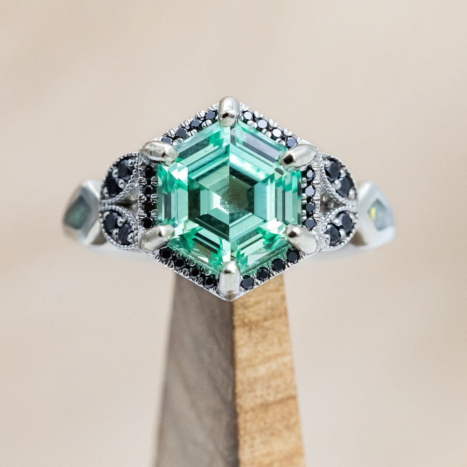 "LUCY IN THE SKY" - HEXAGON CUT LAB-GROWN SAPPHIRE ENGAGEMENT RING WITH BLACK DIAMONDS AND FIRE & ICE OPAL INLAYS-Staghead Designs