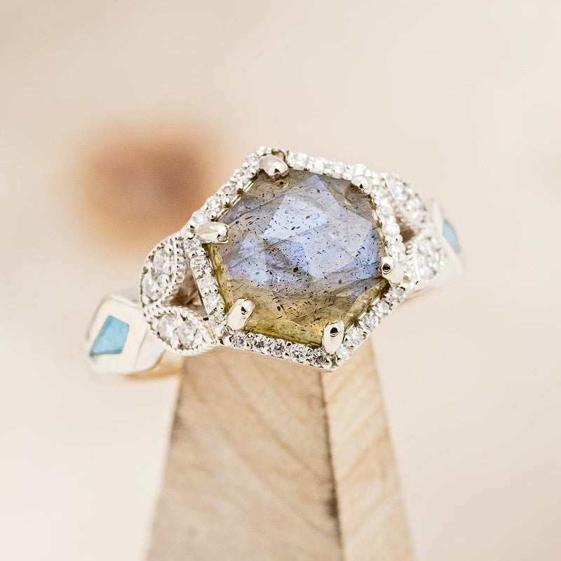 "LUCY IN THE SKY" - HEXAGON LABRADORITE ENGAGEMENT RING WITH DIAMOND ACCENTS & TURQUOISE INLAYS-1
