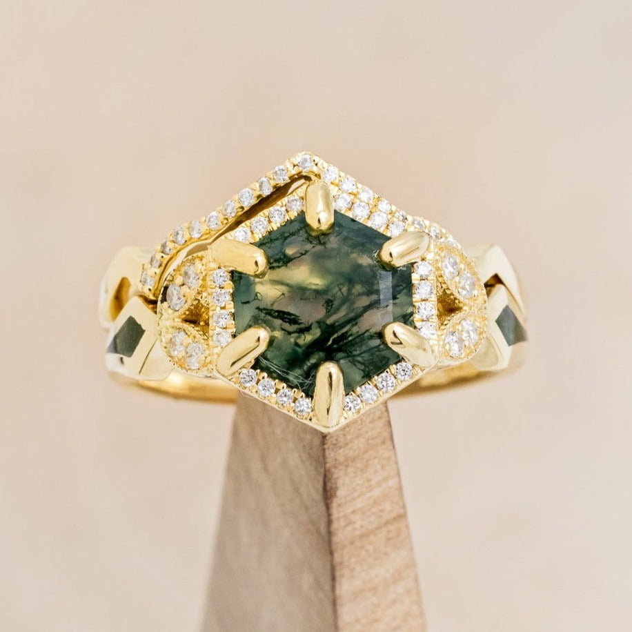 "LUCY IN THE SKY" - HEXAGON MOSS AGATE ENGAGEMENT RING WITH DIAMOND HALO, MOSS INLAYS & DIAMOND TRACER-1