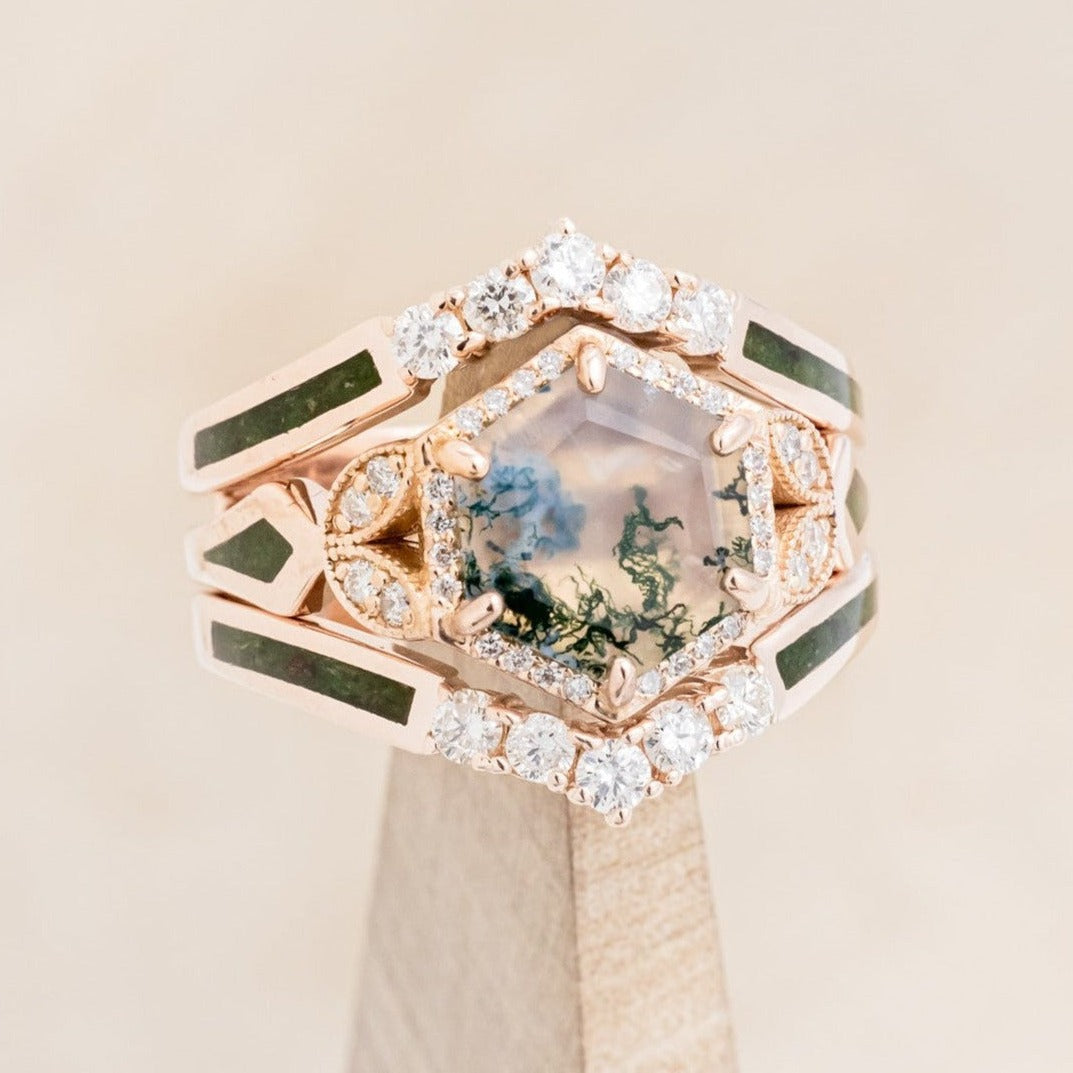 "LUCY IN THE SKY" - HEXAGON MOSS AGATE ENGAGEMENT RING WITH DIAMOND HALO, MOSS INLAYS & THE "RAYA" RING GUARD-1