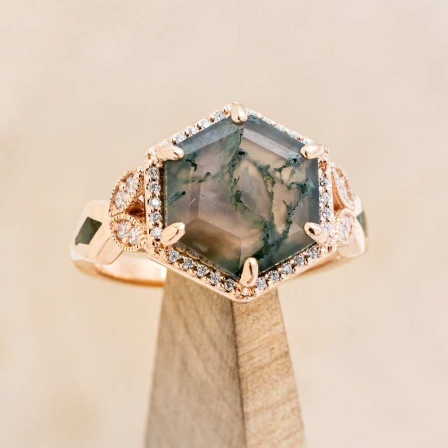 "LUCY IN THE SKY" - HEXAGON MOSS AGATE ENGAGEMENT RING WITH DIAMOND HALO & MOSS INLAYS-1