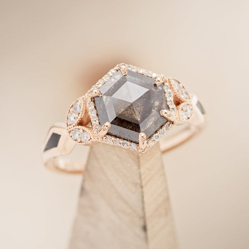 "LUCY IN THE SKY" - HEXAGON SALT & PEPPER ENGAGEMENT RING WITH JET STONE INLAYS-1