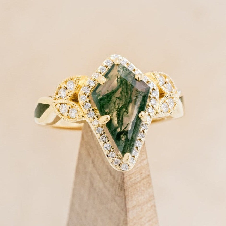 "LUCY IN THE SKY" - KITE CUT MOSS AGATE ENGAGEMENT RING WITH DIAMOND HALO & MOSS INLAYS-1