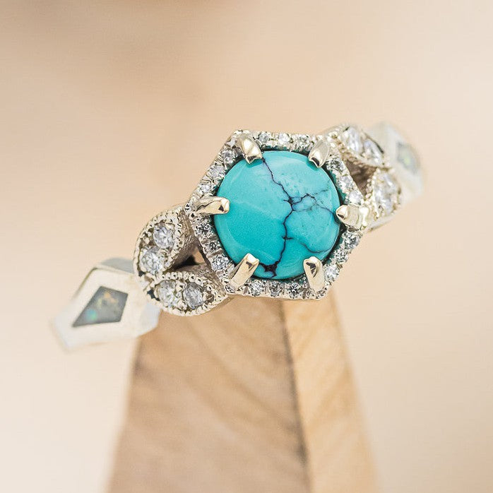 "LUCY IN THE SKY" PETITE - ROUND CUT TURQUOISE ENGAGEMENT RING WITH DIAMOND ACCENTS & FIRE AND ICE OPAL INLAYS-1