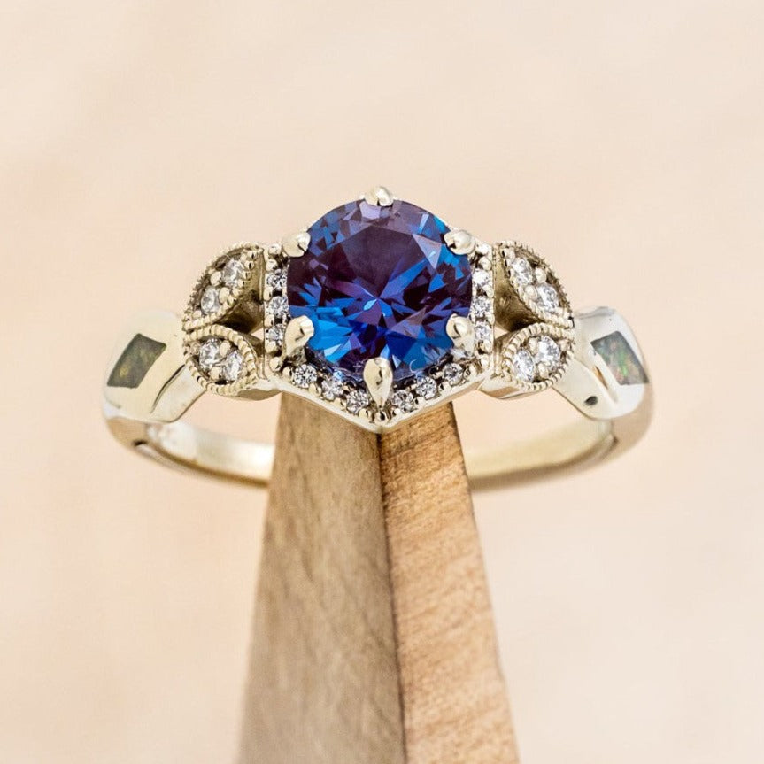 "LUCY IN THE SKY" PETITE - ROUND CUT LAB-GROWN ALEXANDRITE ENGAGEMENT RING WITH DIAMOND ACCENTS & FIRE & ICE OPAL INLAYS-1