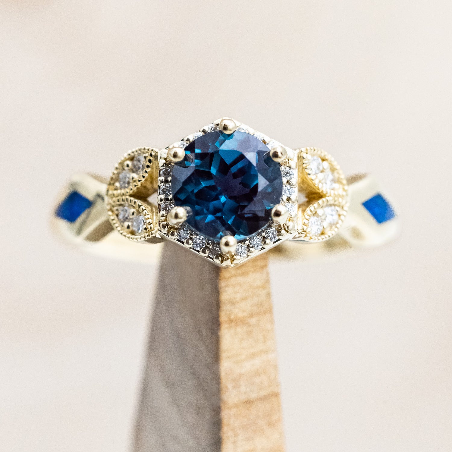 "LUCY IN THE SKY" PETITE - ROUND CUT LAB-GROWN ALEXANDRITE ENGAGEMENT RING WITH DIAMOND ACCENTS & BLUE OPAL INLAYS-Staghead Designs