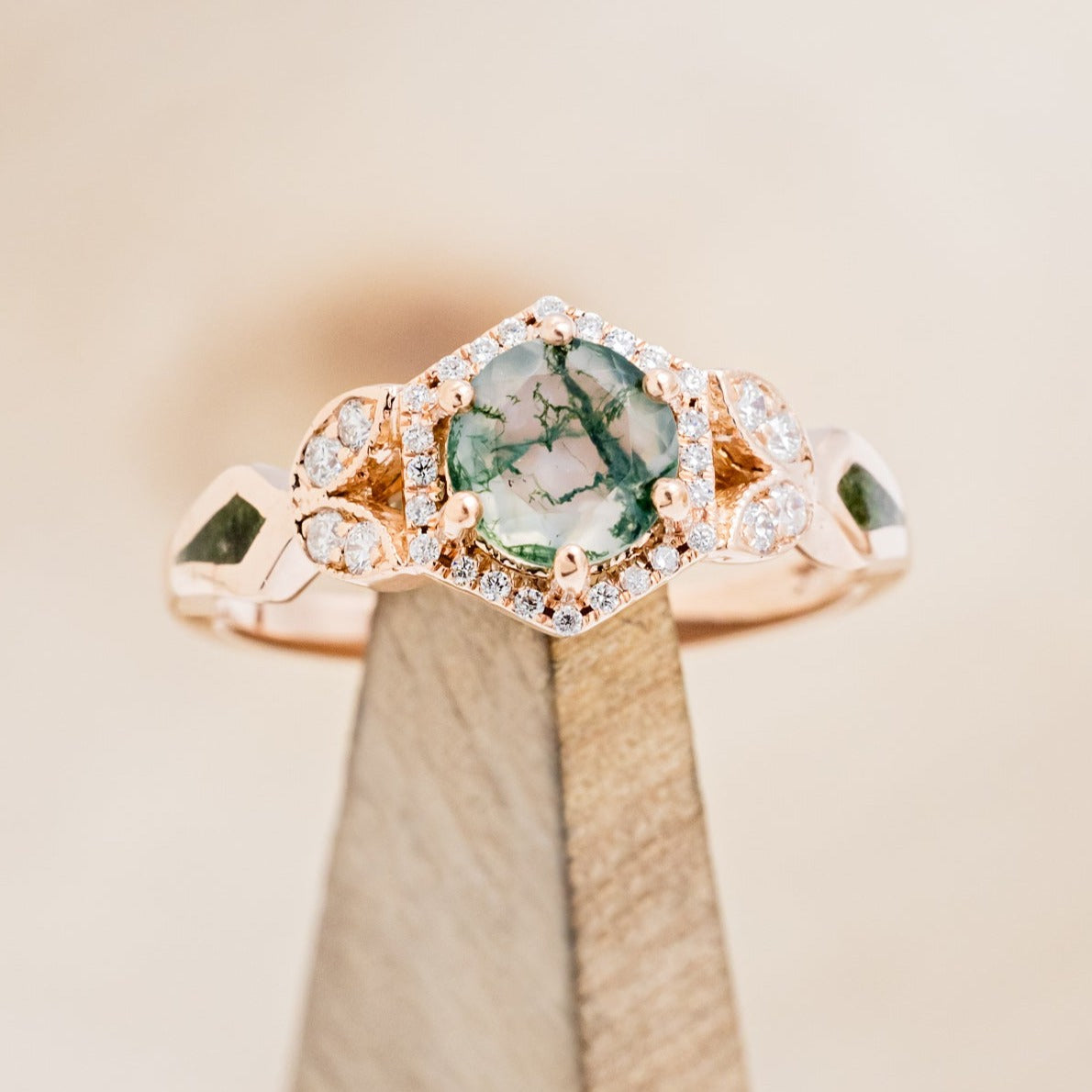 "LUCY IN THE SKY" PETITE - ROUND MOSS AGATE ENGAGEMENT RING WITH DIAMOND HALO & MOSS INLAYS - READY TO SHIP-Staghead Designs