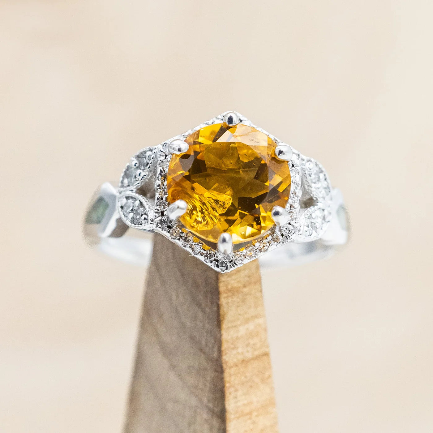 "LUCY IN THE SKY" - ROUND CUT CITRINE ENGAGEMENT RING WITH DIAMOND ACCENTS & FIRE AND ICE OPAL INLAYS - 14K WHITE GOLD - SIZE 4 1/2-Staghead Designs