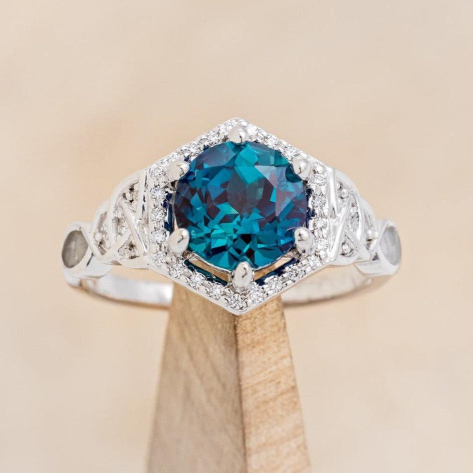 "LUCY IN THE SKY" - ROUND CUT LAB-GROWN ALEXANDRITE ENGAGEMENT RING WITH CELTIC KNOT ENGRAVINGS & MOTHER OF PEARL INLAYS-1