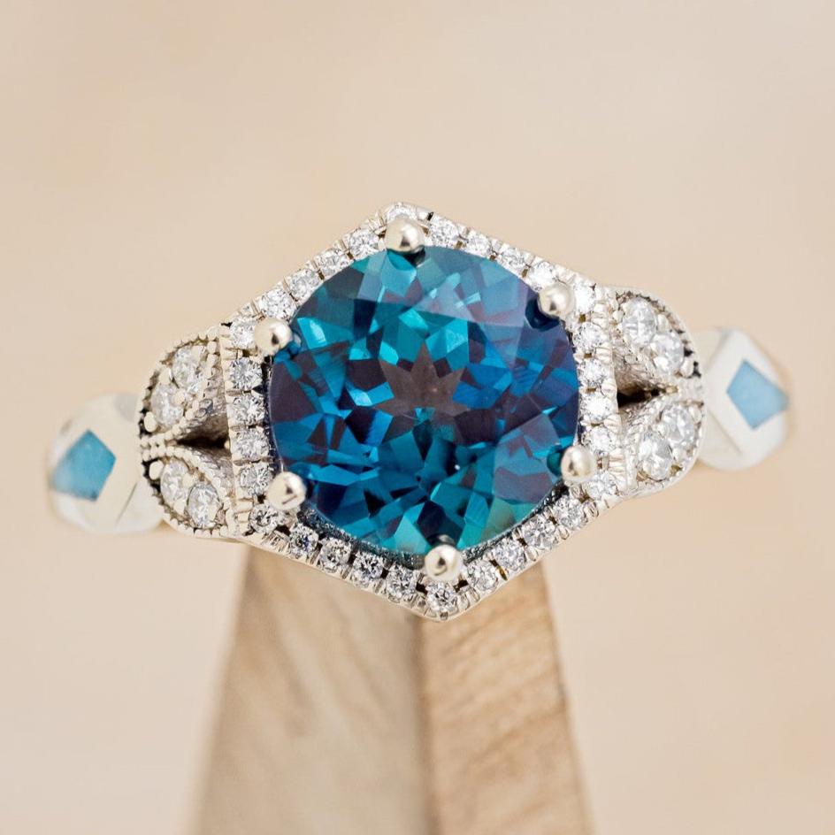 "LUCY IN THE SKY" - ROUND CUT LAB-GROWN ALEXANDRITE ENGAGEMENT RING WITH DIAMOND ACCENTS & TURQUOISE INLAYS-1