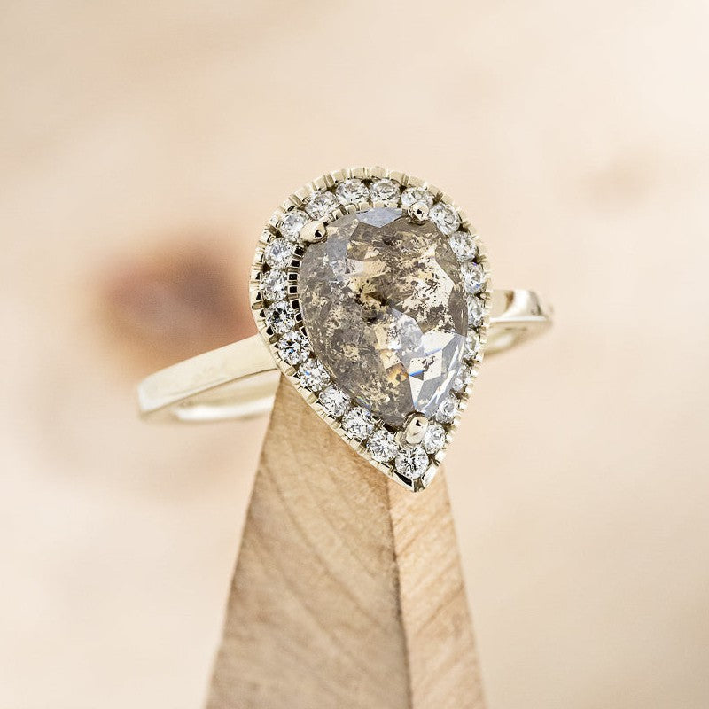 "LYDIA" - PEAR-SHAPED SALT & PEPPER DIAMOND ENGAGEMENT RING WITH DIAMOND HALO-1