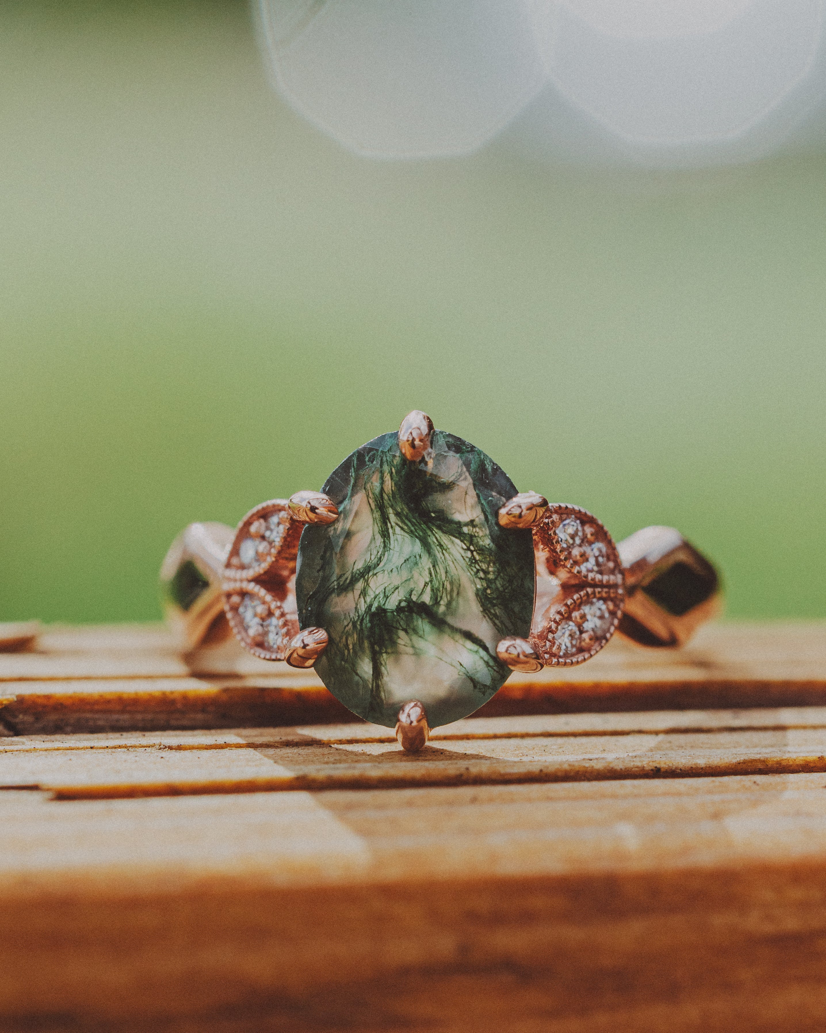 "LUCIA" - OVAL MOSS AGATE ENGAGEMENT RING WITH DIAMOND ACCENTS & MOSS INLAYS-7