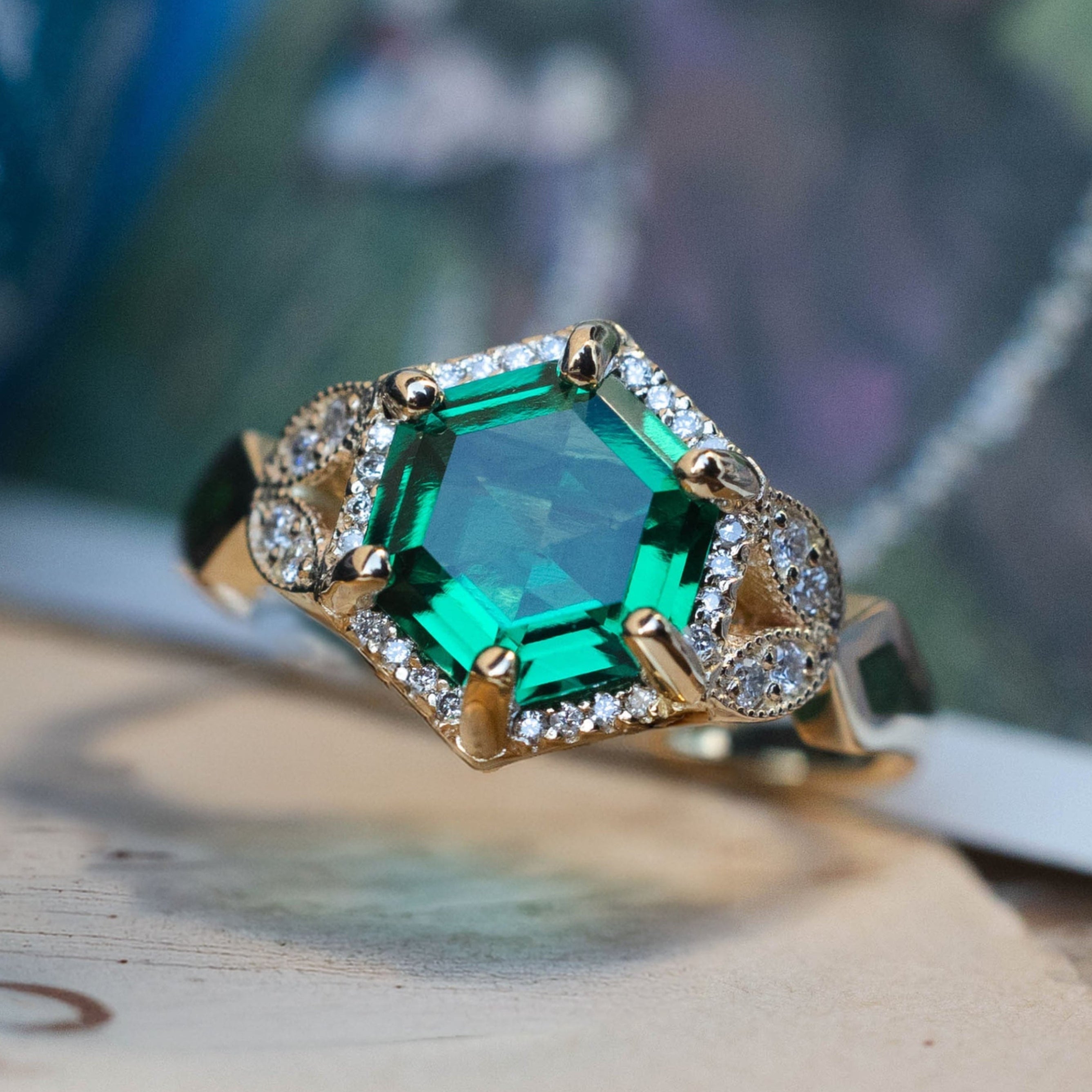"LUCY IN THE SKY" - HEXAGON CUT LAB GROWN EMERALD ENGAGEMENT RING WITH DIAMOND HALO & MOSS INLAYS-Staghead Designs