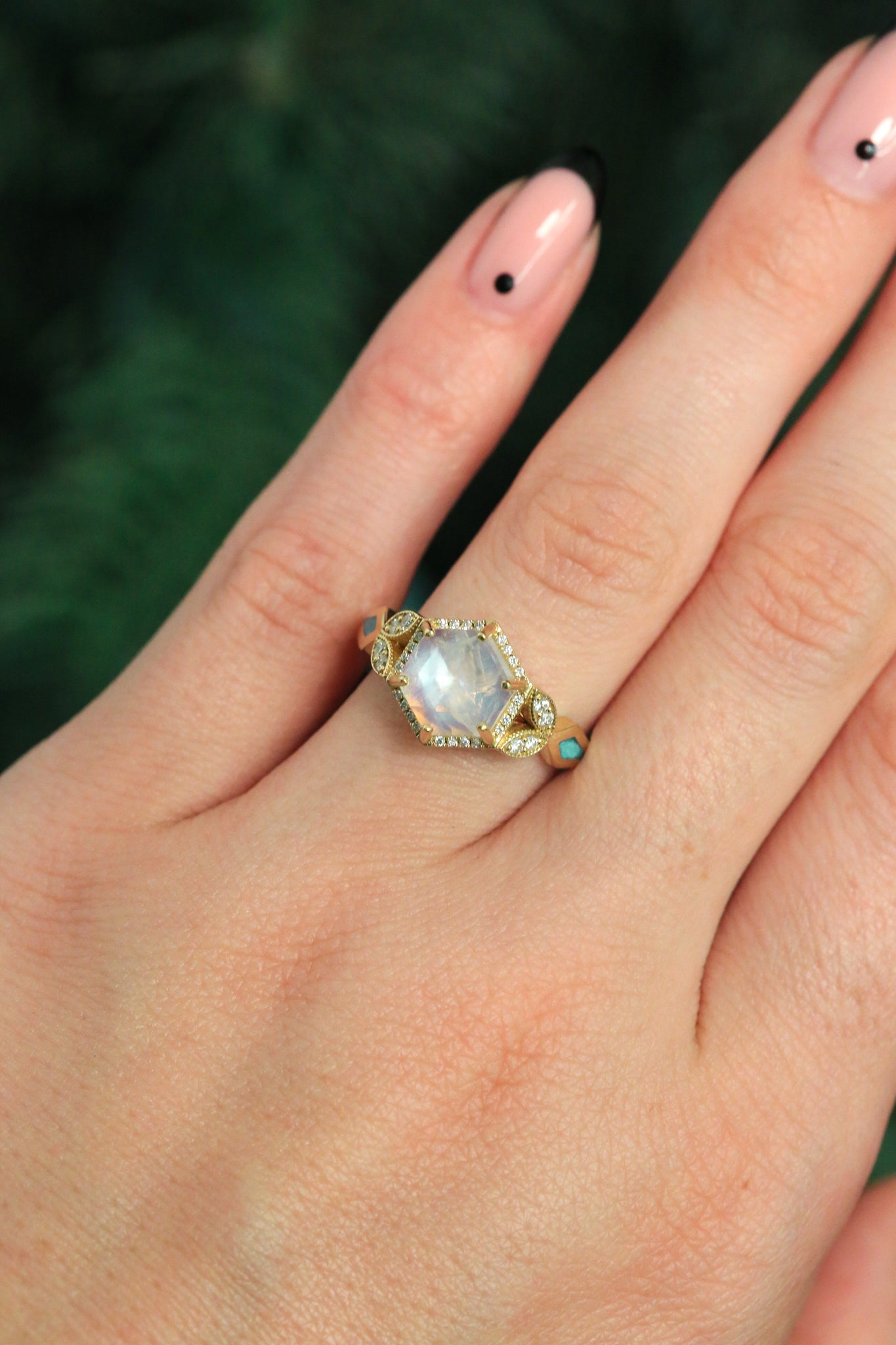 "LUCY IN THE SKY" - FACETED HEXAGON MOONSTONE ENGAGEMENT RING WITH DIAMOND HALO & TURQUOISE INLAYS-19