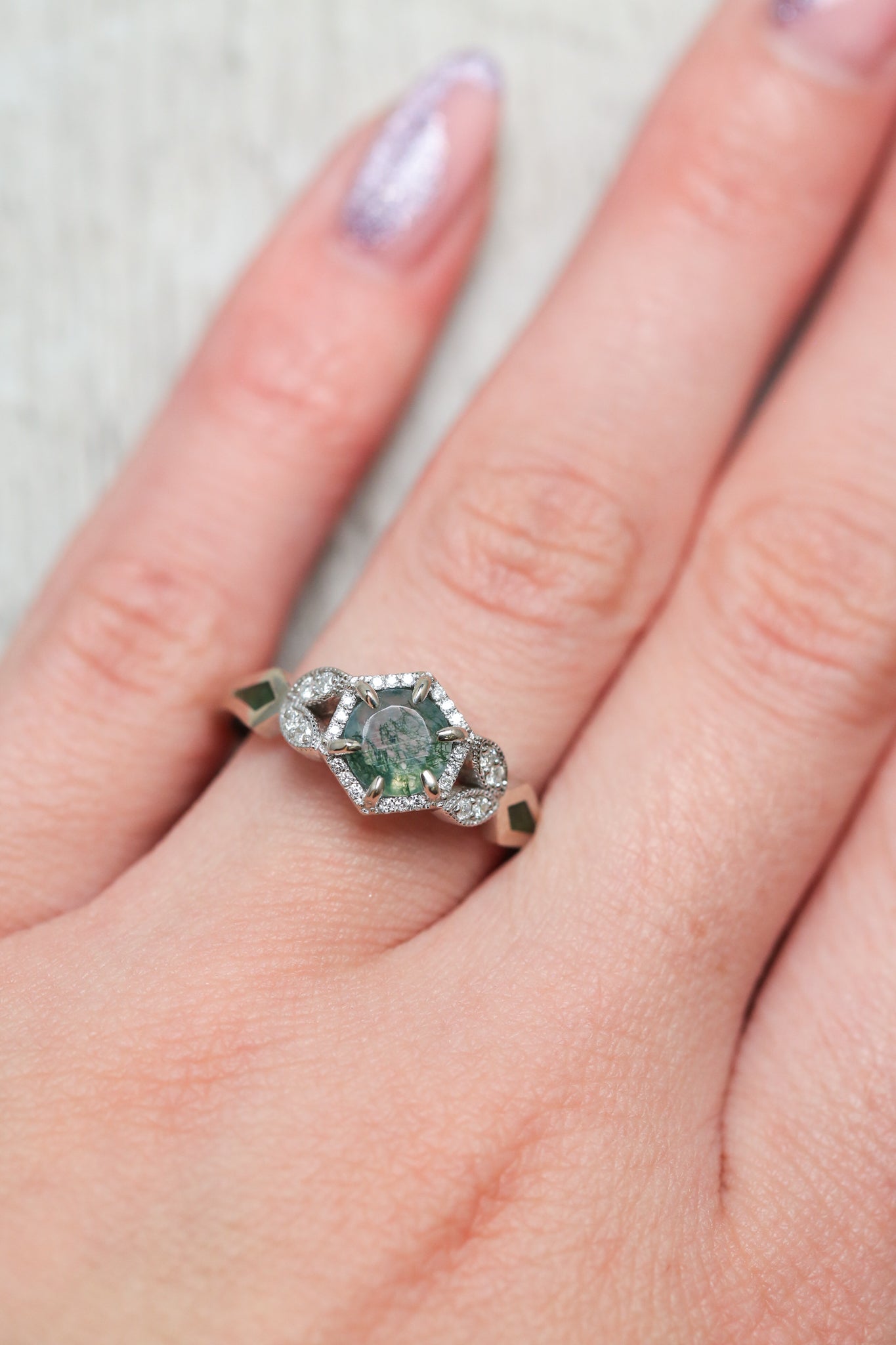 "LUCY IN THE SKY" PETITE - ROUND MOSS AGATE ENGAGEMENT RING WITH DIAMOND HALO & MOSS INLAYS - READY TO SHIP-Staghead Designs