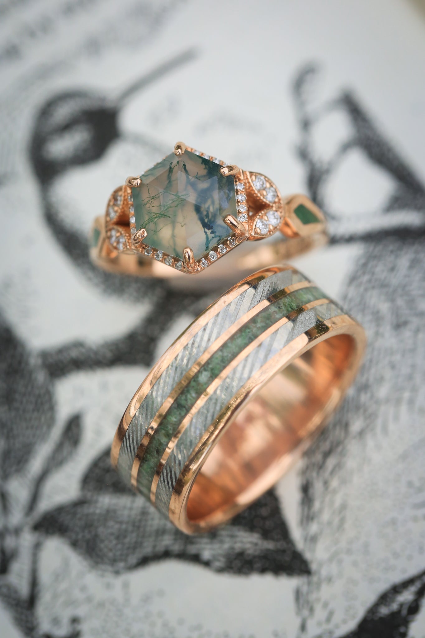 "LUCY IN THE SKY" - HEXAGON MOSS AGATE ENGAGEMENT RING WITH DIAMOND HALO, MOSS INLAYS & DIAMOND TRACER-26