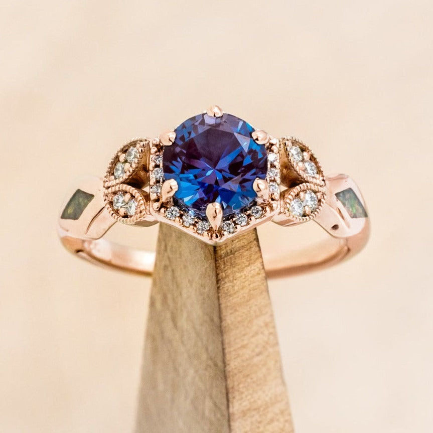 "LUCY IN THE SKY" PETITE - ROUND CUT ENGAGEMENT RING WITH DIAMOND ACCENTS AND FIRE & ICE OPAL INLAYS-Staghead Designs