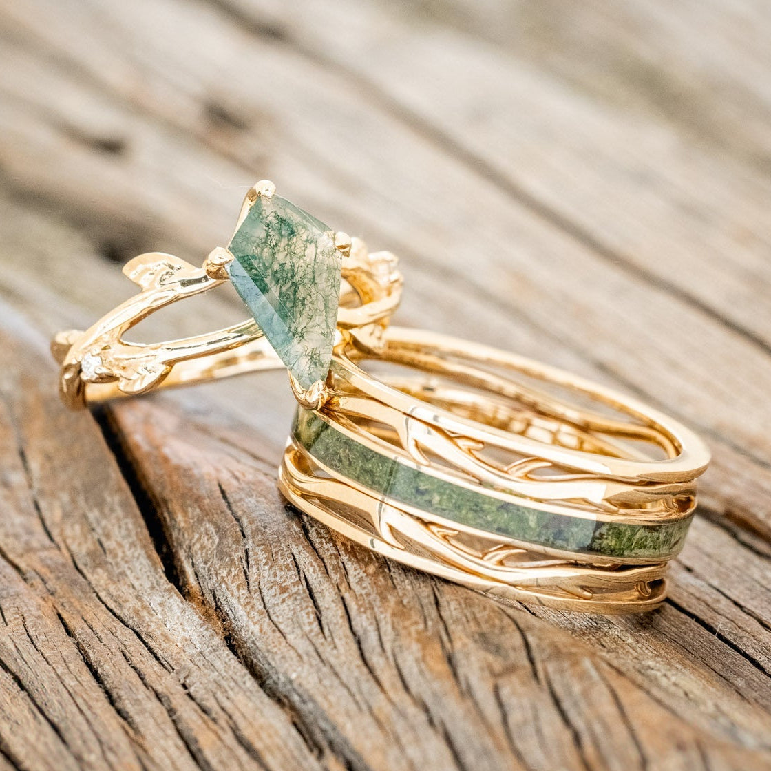 MATCHING SET OF "ARTEMIS ON THE VINE" MOSS AGATE & MEN'S "ARTEMIS" MOSS INLAY WEDDING RINGS-1