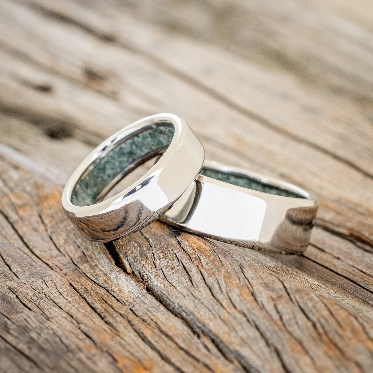 MATCHING SET OF CRUSHED MOSS AGATE LINED WEDDING BANDS-1