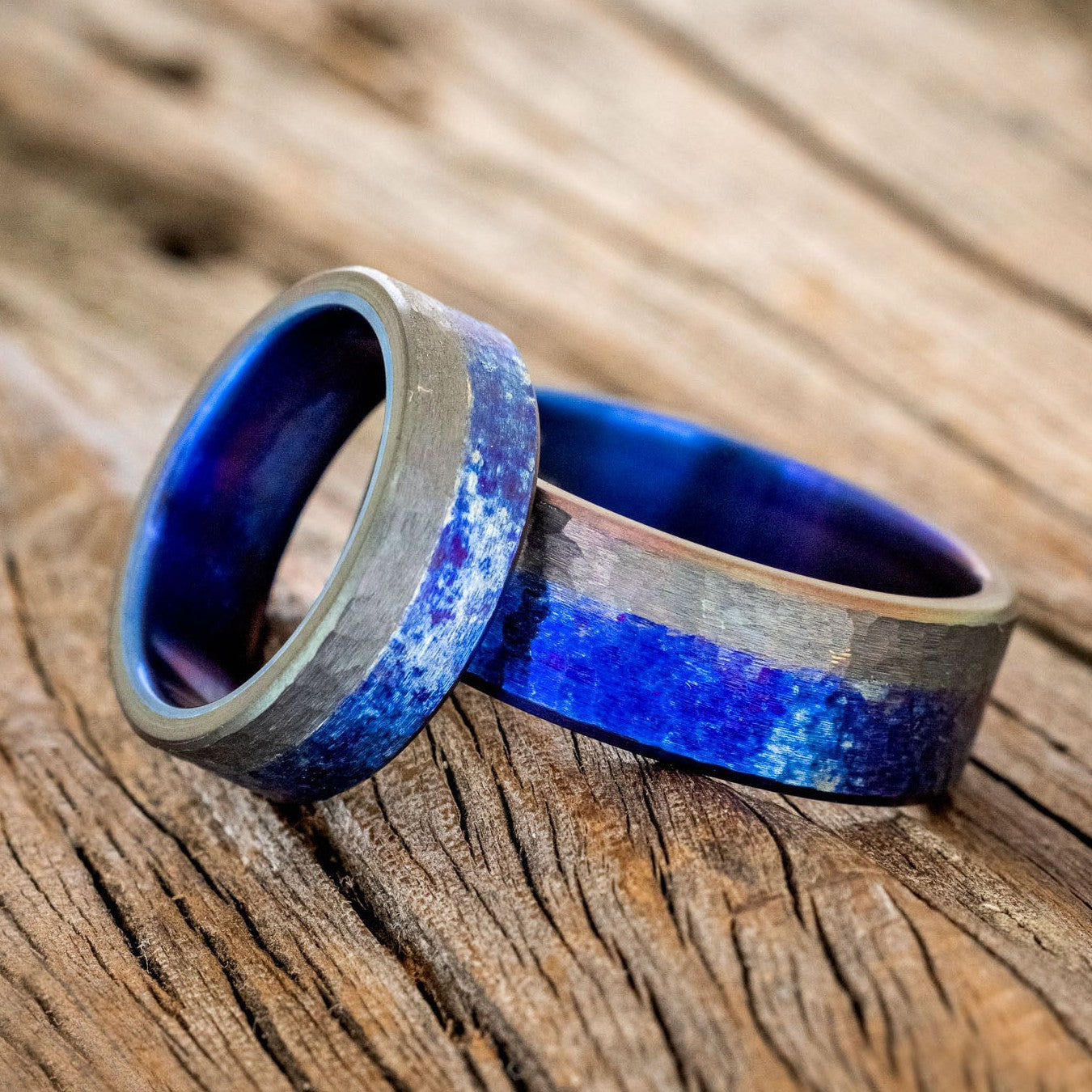 MATCHING SET OF FIRE-TREATED TITANIUM WEDDING RINGS WITH BLACK ZIRCONIUM OVERLAY & HAMMERED FINISH-1