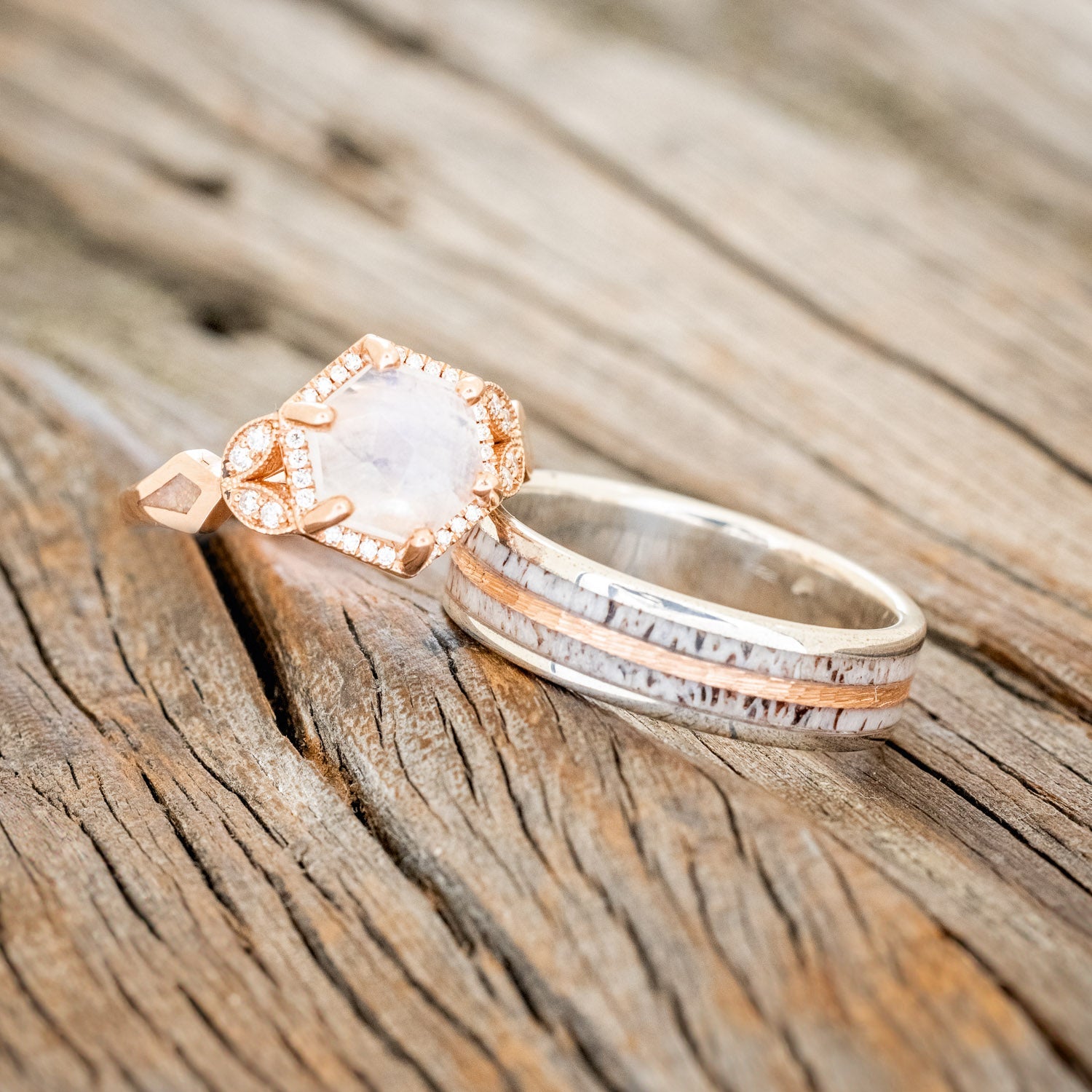 MATCHING SET OF "LUCY IN THE SKY" FACETED HEXAGON MOONSTONE & "DYAD" ANTLER INLAY WEDDING RINGS-1