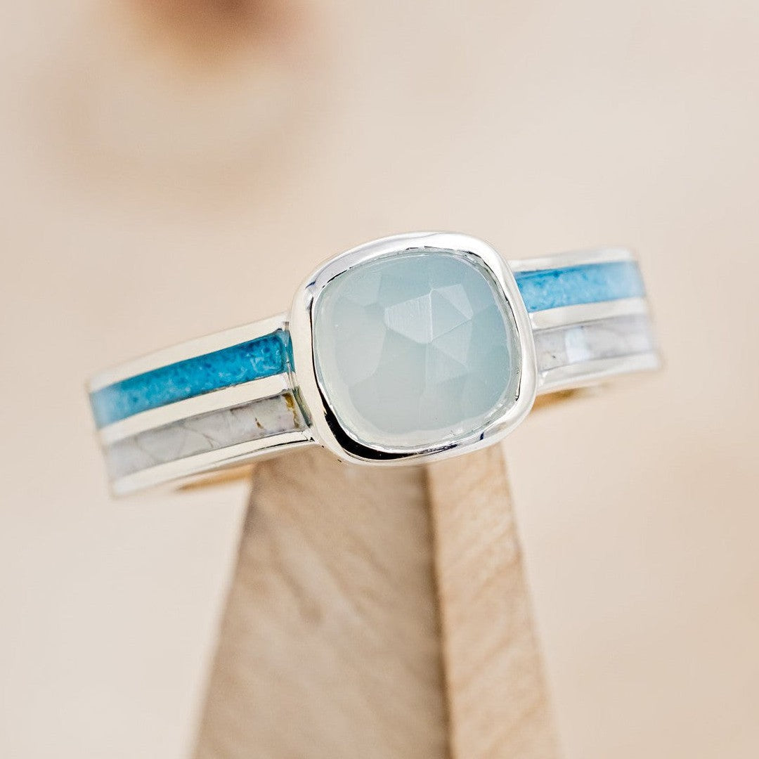 "MATILDA" - CUSHION CUT CHALCEDONY ENGAGEMENT RING WITH TURQUOISE & MOTHER OF PEARL INLAYS-1