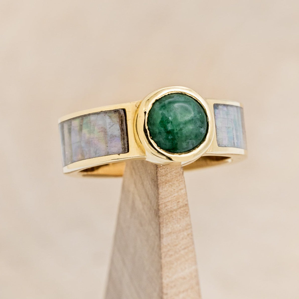 "MATILDA" - ROUND CUT NEPHRITE JADE WEDDING BAND WITH MOTHER OF PEARL INLAYS-1