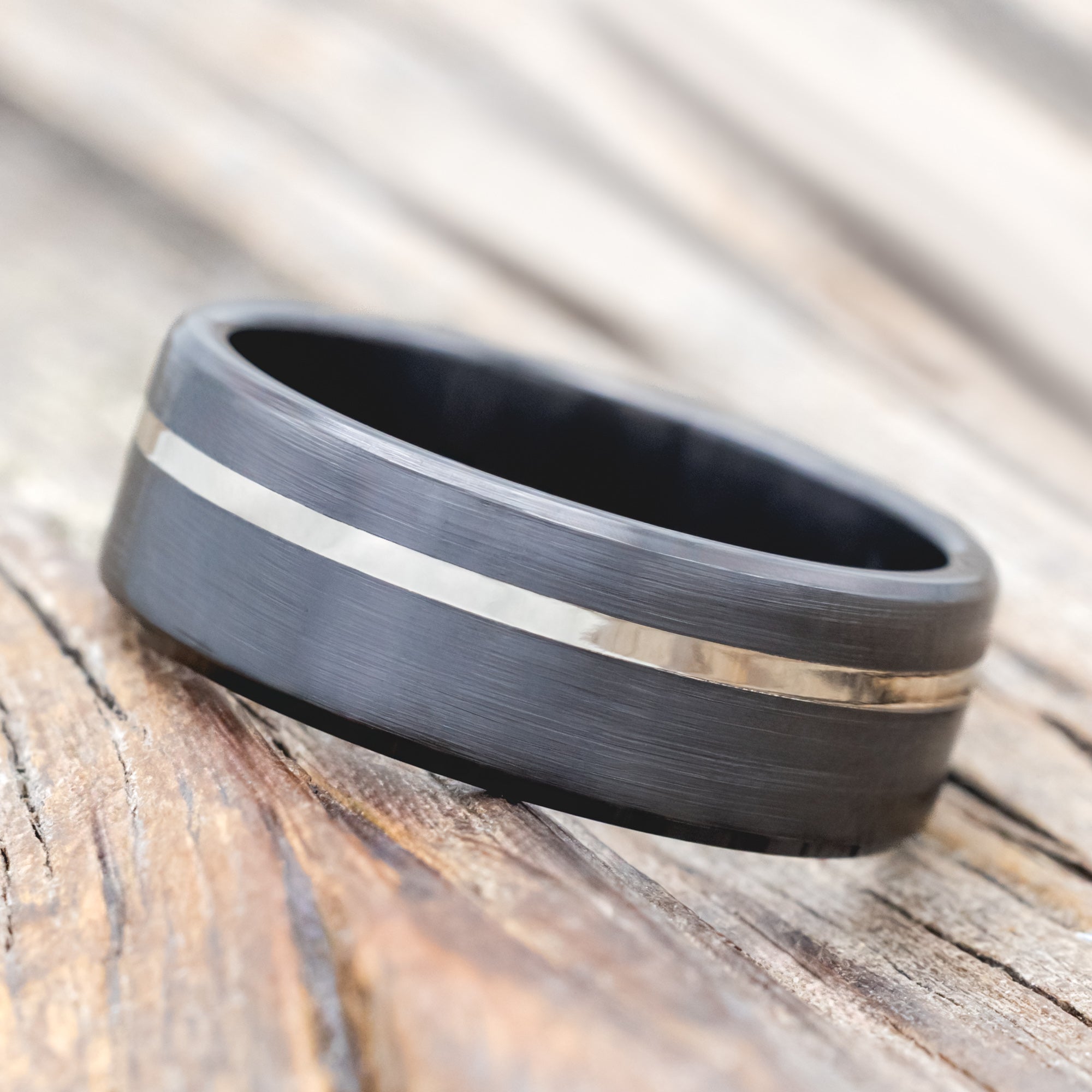 "VERTIGO" - 14K WHITE GOLD INLAY WEDDING RING FEATURING A BRUSHED FINISH - BLACK ZIRCONIUM - SIZE 10 1/2-Staghead Designs