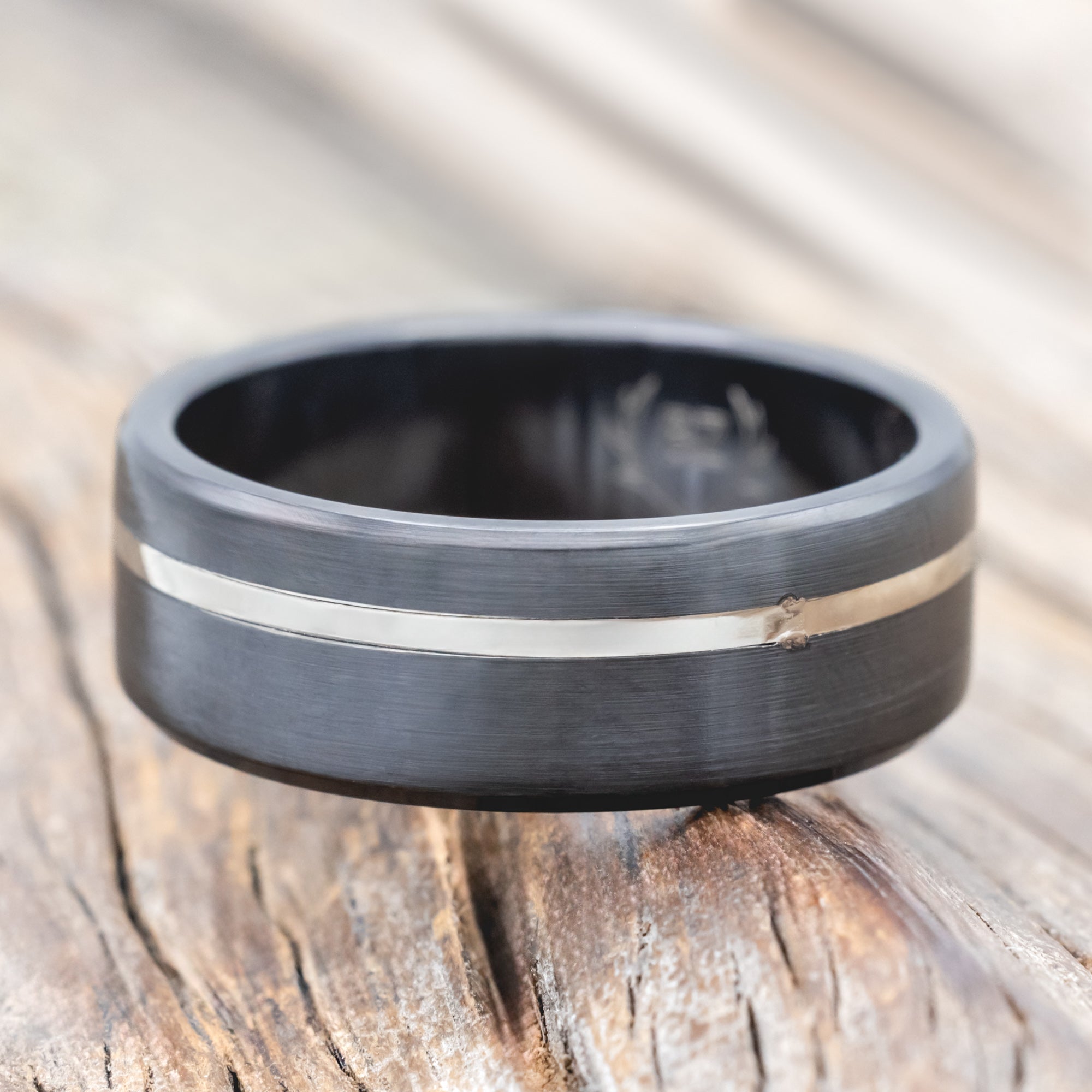 "VERTIGO" - 14K WHITE GOLD INLAY WEDDING RING FEATURING A BRUSHED FINISH - BLACK ZIRCONIUM - SIZE 10 1/2-Staghead Designs