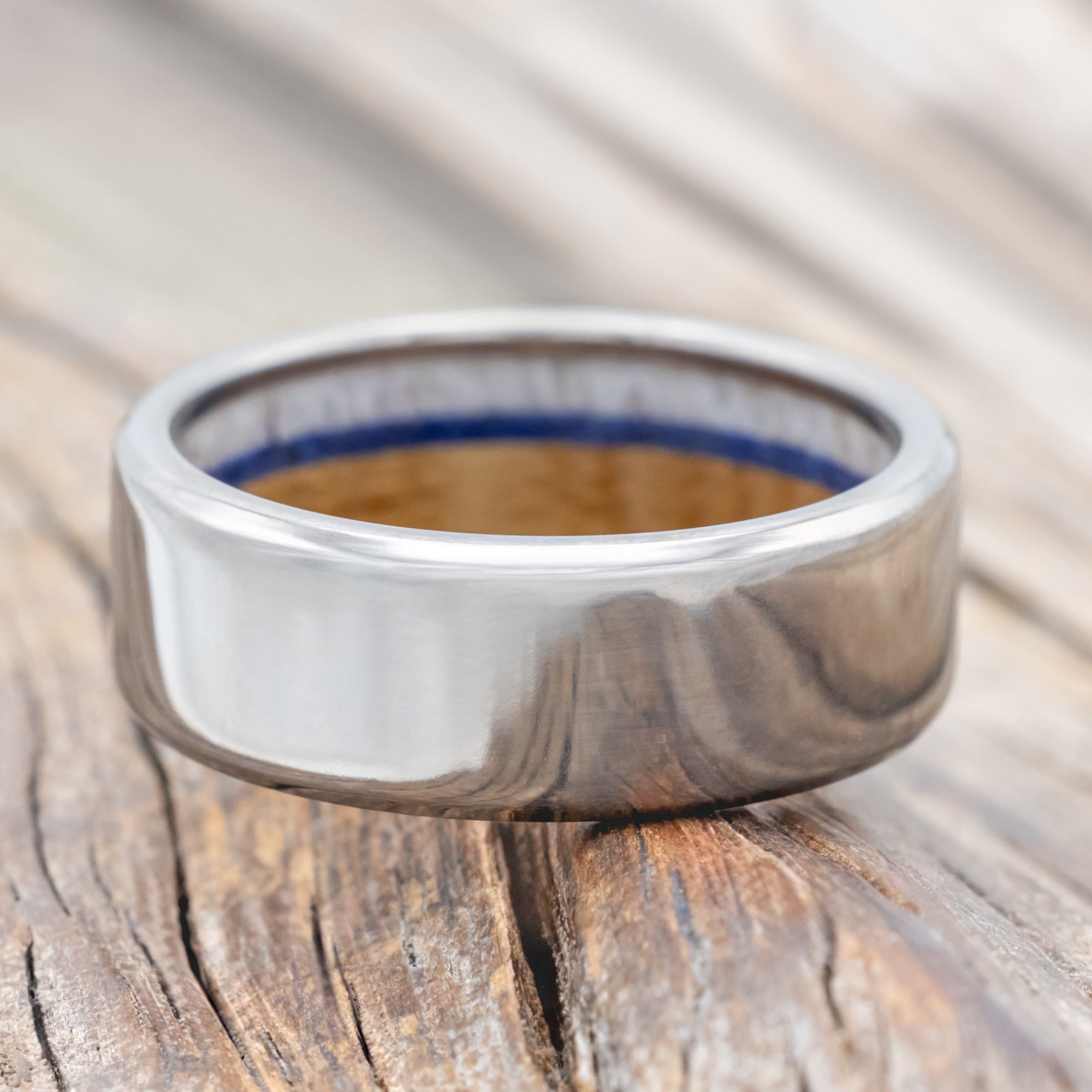 "ARGOS" - WHISKEY BARREL OAK, LAPIS LAZULI, AND ANTLER LINED WEDDING BAND - TITANIUM - SIZE 11-Staghead Designs