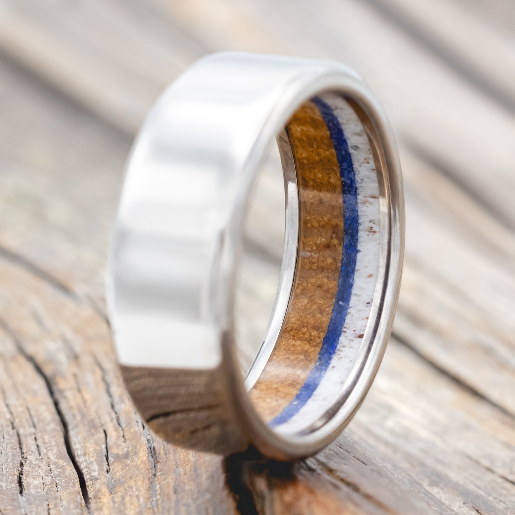 "ARGOS" - WHISKEY BARREL OAK, LAPIS LAZULI, AND ANTLER LINED WEDDING BAND - TITANIUM - SIZE 11-Staghead Designs
