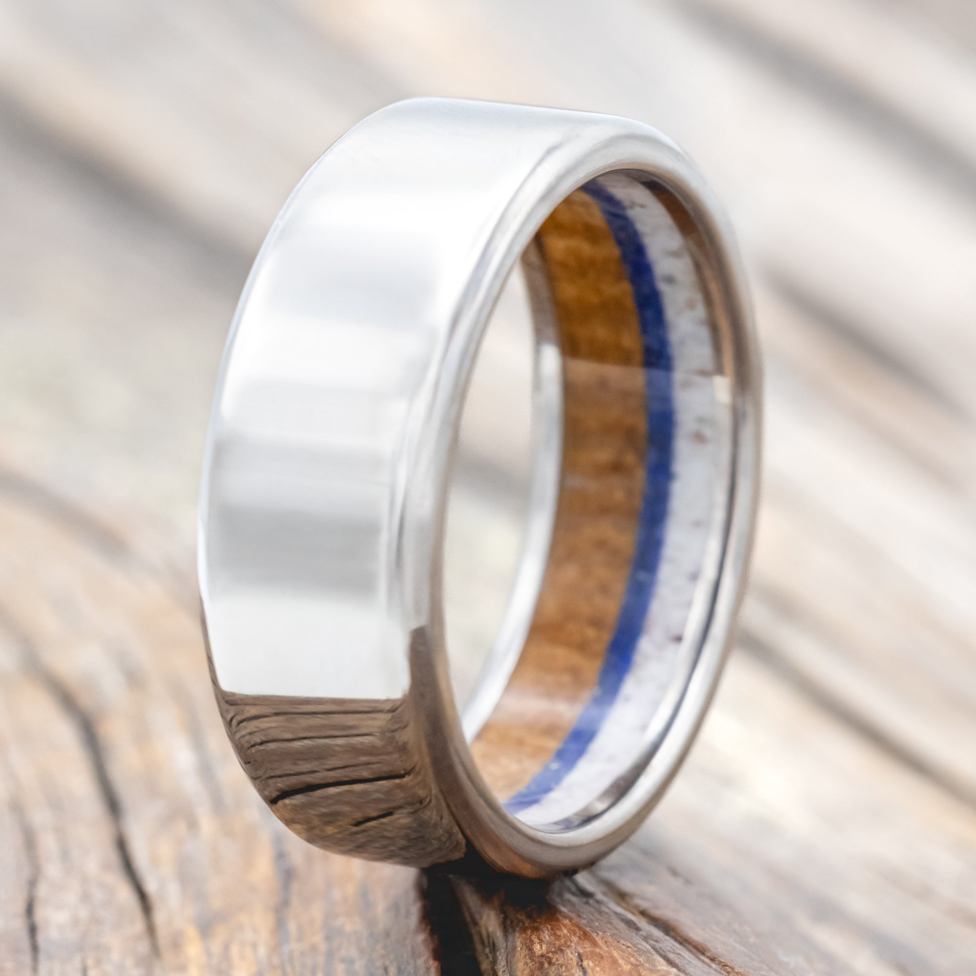 "ARGOS" - WHISKEY BARREL OAK, LAPIS LAZULI, AND ANTLER LINED WEDDING BAND - TITANIUM - SIZE 11-Staghead Designs