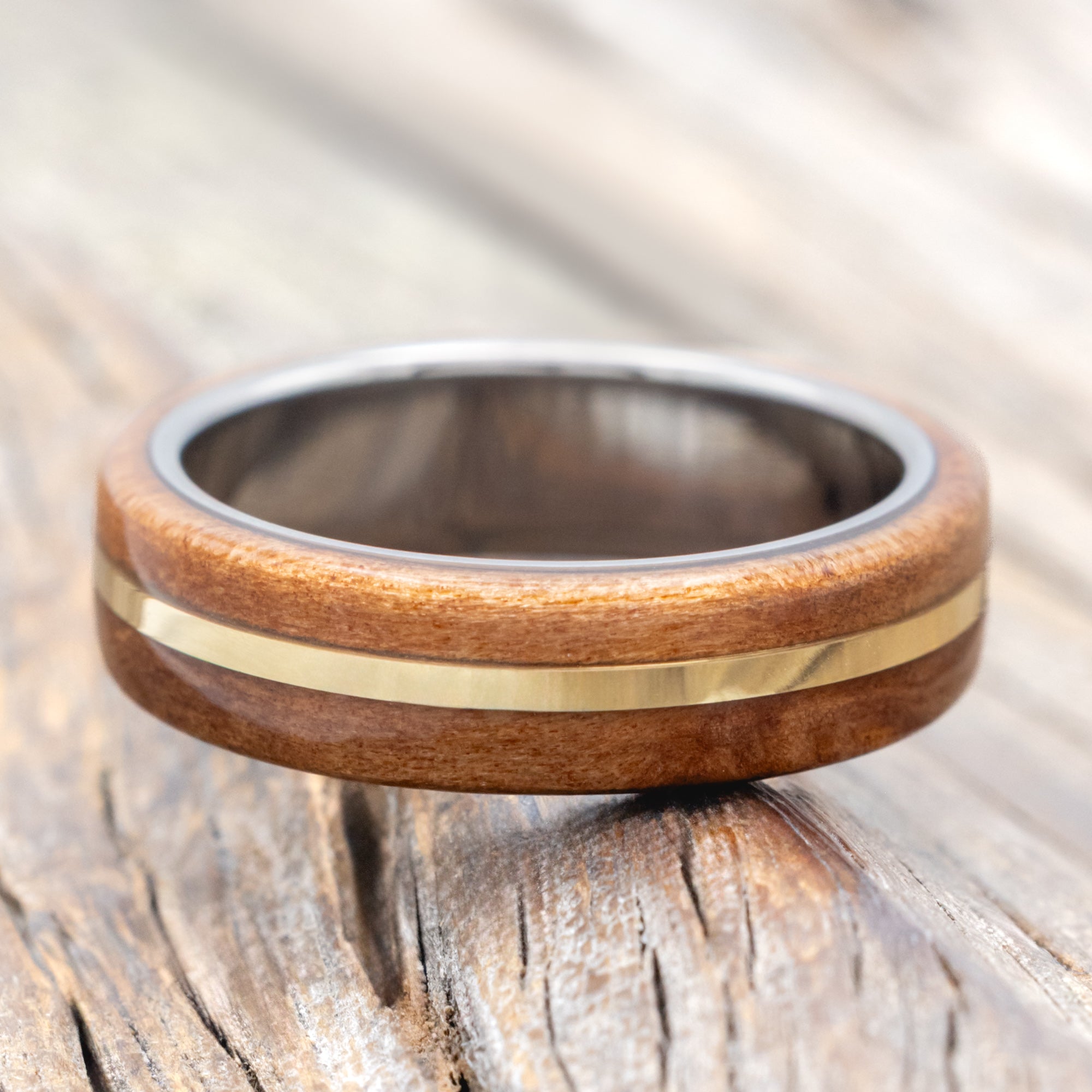 "GOLDEN" - REDWOOD & 14K GOLD INLAY WEDDING BAND-Staghead Designs