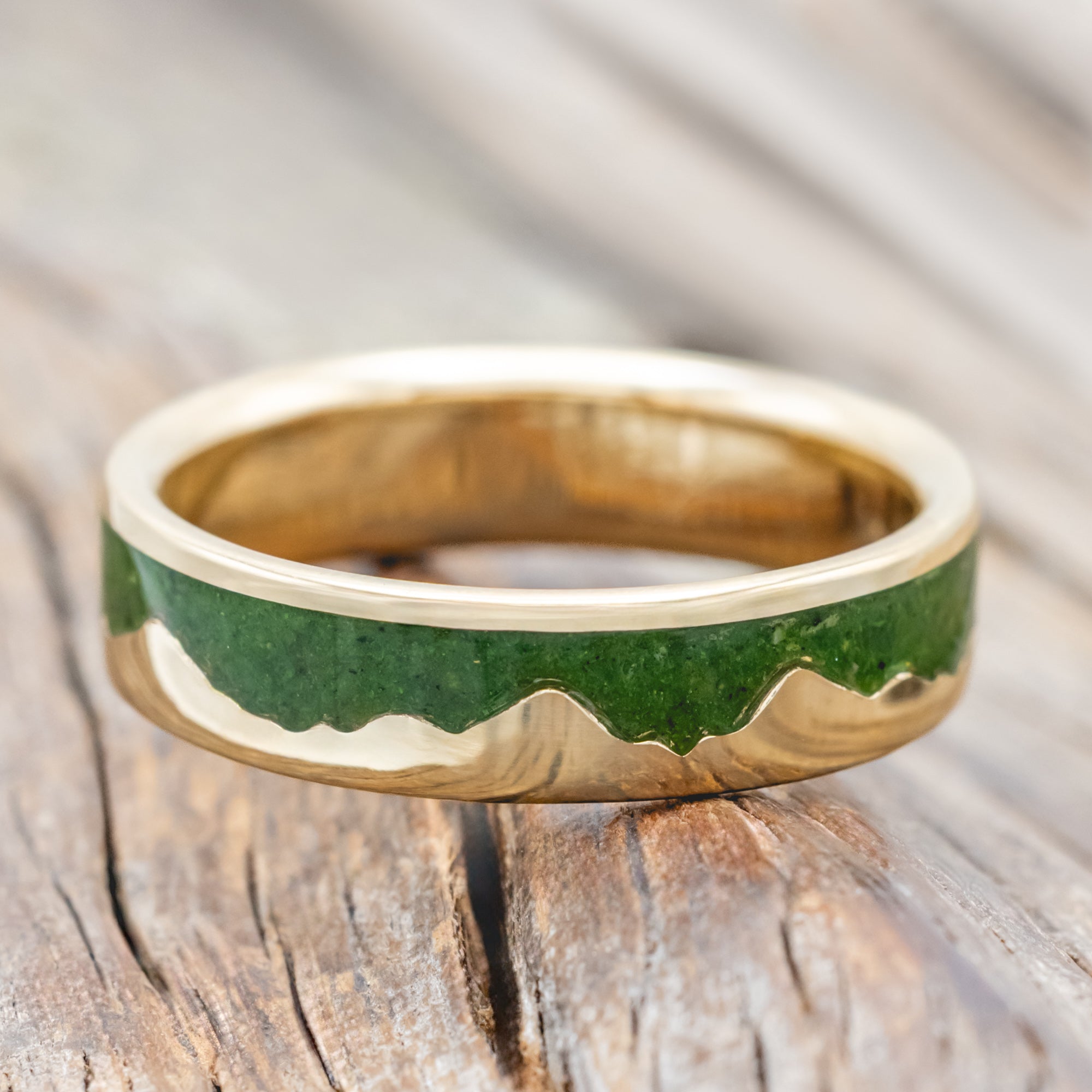 "HELIOS" - MOSS & 14K GOLD MOUNTAIN RANGE WEDDING BAND-Staghead Designs