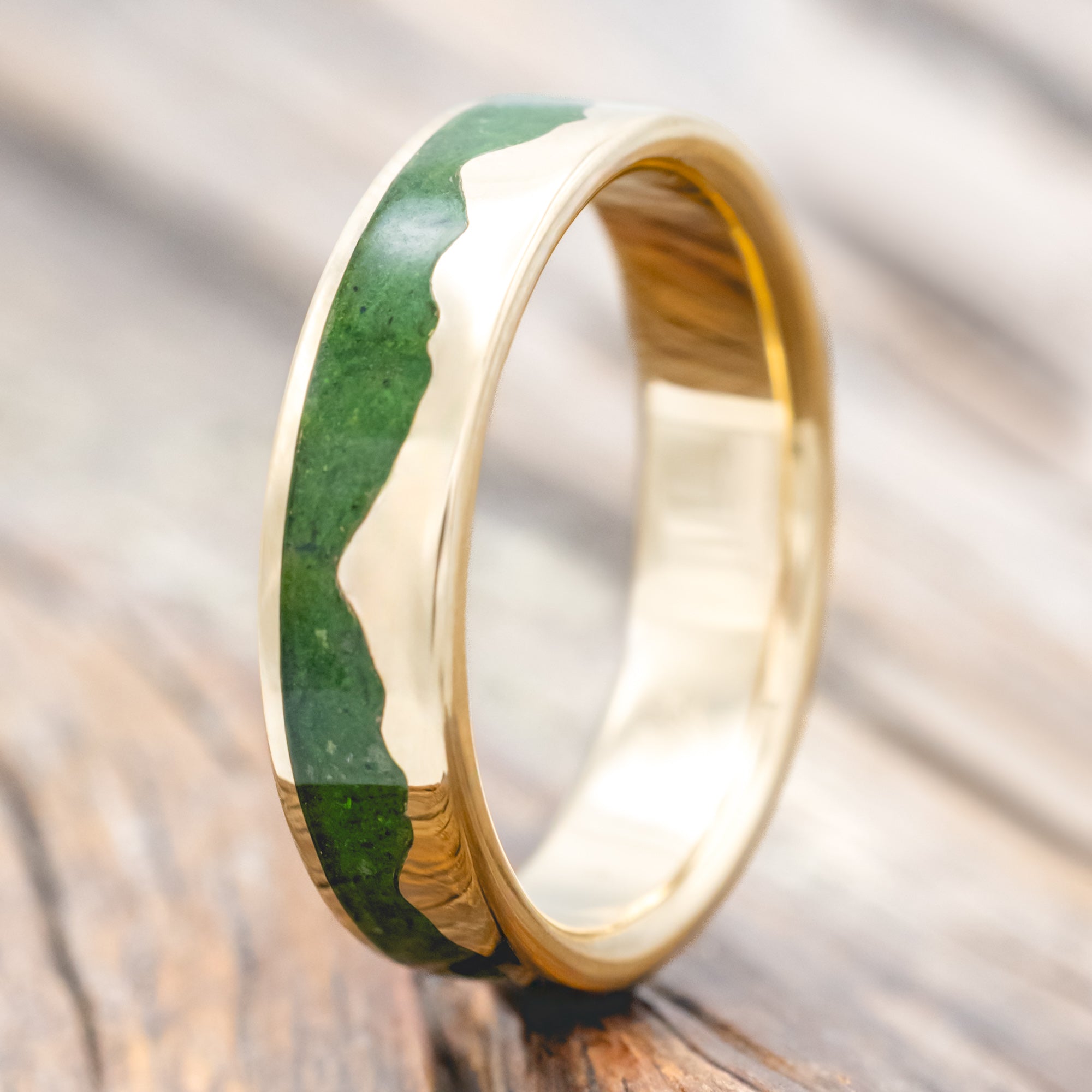 "HELIOS" - MOSS & 14K GOLD MOUNTAIN RANGE WEDDING BAND-Staghead Designs
