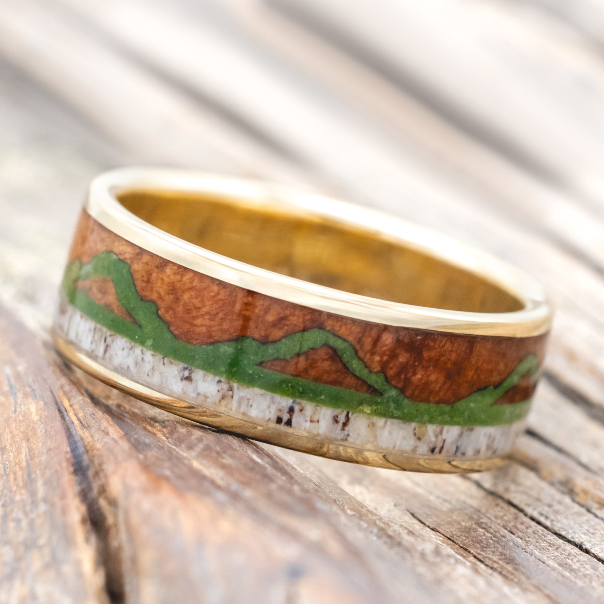 "THE EXPEDITION" - MOUNTAIN ENGRAVED WEDDING RING WITH REDWOOD, MOSS & ANTLER-Staghead Designs